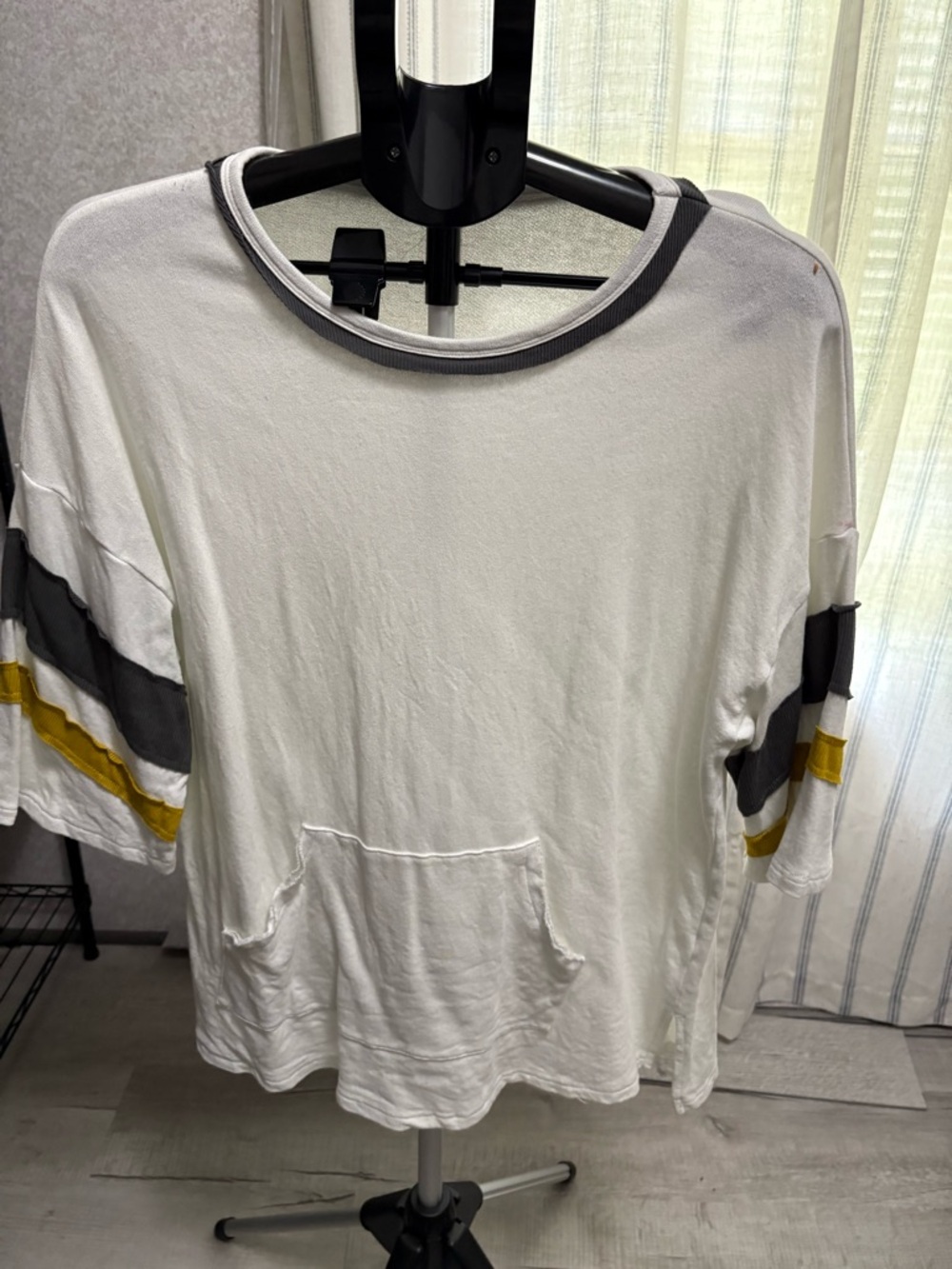 White Short-Sleeve Sweatshirt with Gray and Mustard Stripes made by Easel